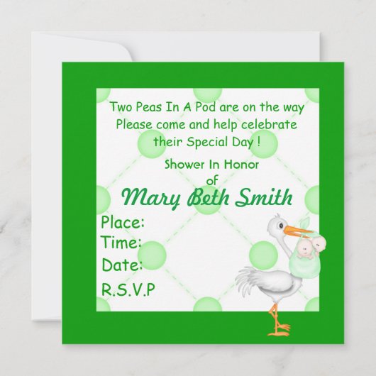 TWEE PEAS IN EEN POD BABY SHOWER INVITATION GIRL O KAART (Achterkant)