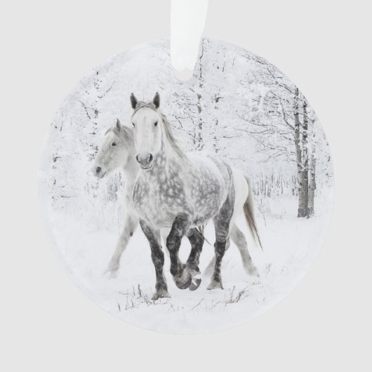Twee Percheron Mares rennen in Snow Ornament (voorkant)