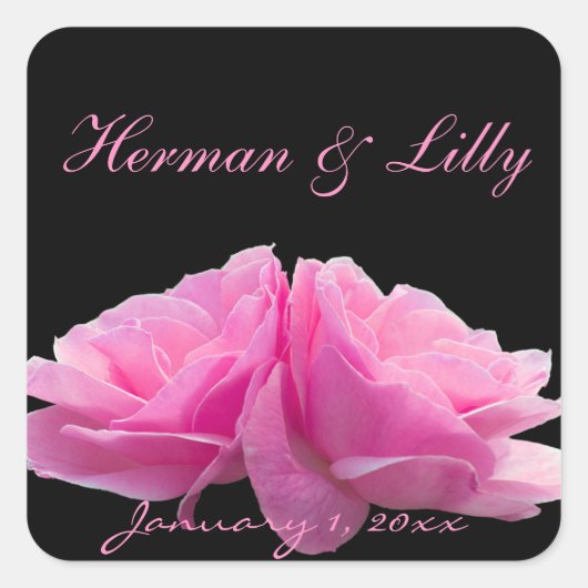 Twee perfect roze rozen persoonlijke bruiloft vierkante sticker (Voorkant)