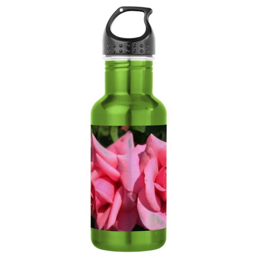 twee perfecte, roze roos bloemen. waterfles  (Voorkant)