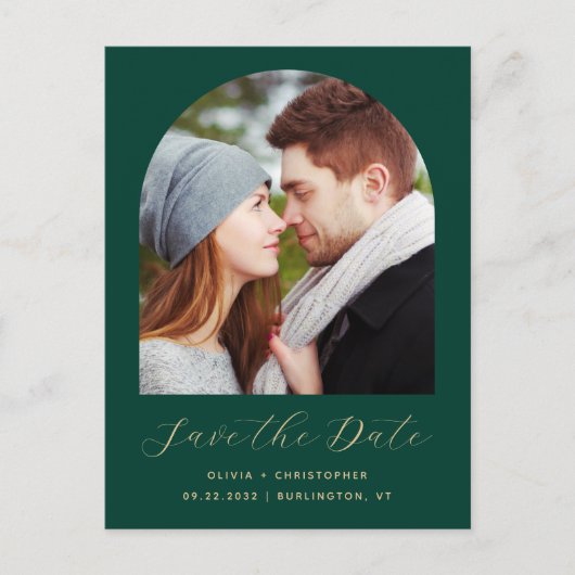 Twee Photo Arch Emerald Green QR-code Sla de datum Briefkaart (Voorkant)