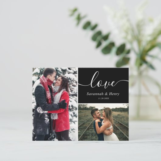 Twee Photo Collage Black Love Script Briefkaart (Staand voorkant)