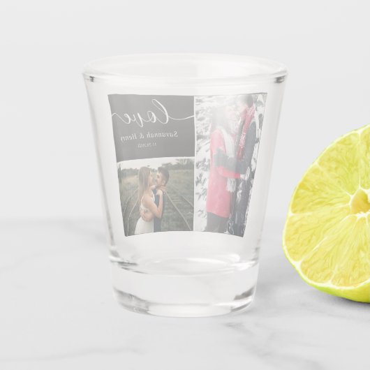 Twee Photo Collage Black Love Script Shot Glas (Achterkant)