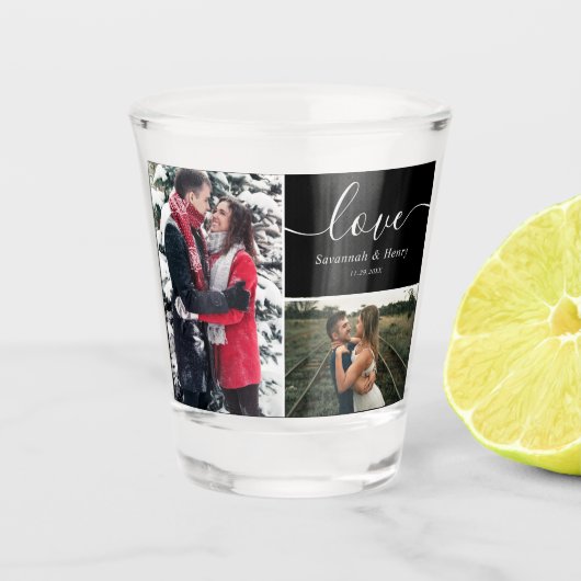 Twee Photo Collage Black Love Script Shot Glas (Voorkant)