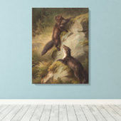 Twee Pine Martens op een rots in het bos Canvas Afdruk (Insitu (Houten vloer))
