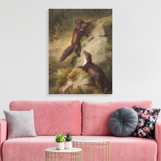 Twee Pine Martens op een rots in het bos Canvas Afdruk (Insitu (Woonkamer))