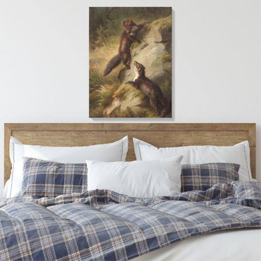 Twee Pine Martens op een rots in het bos Canvas Afdruk (Insitu (Slaapkamer))