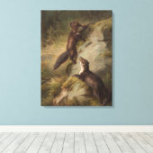 Twee Pine Martens op een rots in het bos Canvas Afdruk (Insitu (Houten vloer))