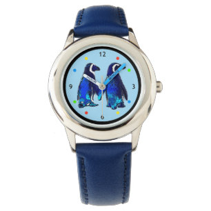 Twee pinguïns die de handen Kinder bekijken Horloge