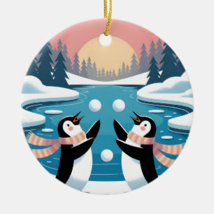 Twee pinguïns die sneeuwballen jongleren in een wi keramisch ornament
