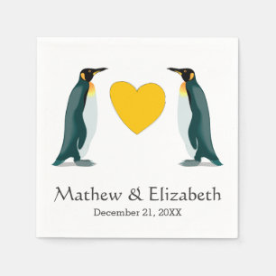 Twee Pinguïns Gele Hart Trouwen Servetten