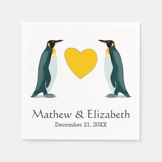Twee Pinguïns | Gele Hart | Trouwen Servetten (Voorkant)
