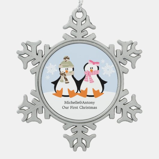 Twee pinguïns met kerst tin sneeuwvlok ornament (Voorkant)