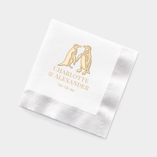 Twee Pinguïns Silhouet #2 Paar Namen Datum Folie Servetten (Links)