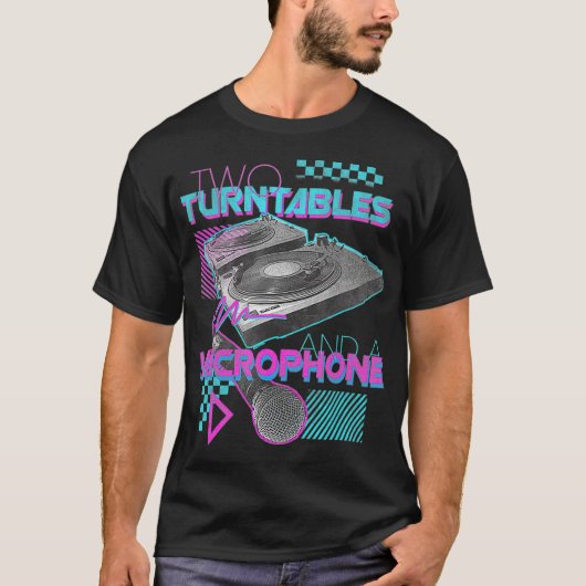 Twee Platenspelers en microfoon Retro 80s Vinyl DJ T-shirt (Voorkant)