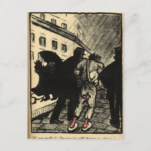 Twee politieagenten nemen een tramp weg die in de  briefkaart