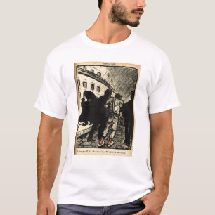Twee politieagenten nemen een tramp weg die in de t-shirt