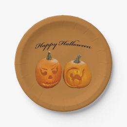 Twee Pompoenen Gelukkig Halloween Papieren Bordje