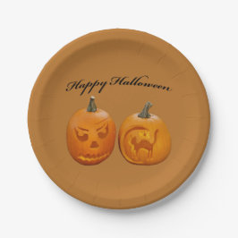 Twee Pompoenen Gelukkig Halloween Papieren Bordje