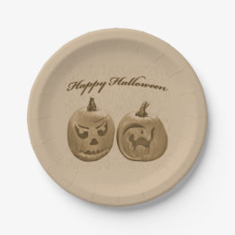 Twee Pompoenen Gelukkig Halloween Papieren Bordje