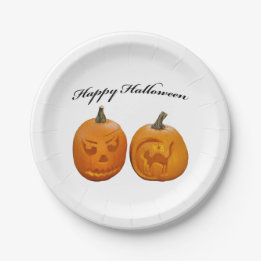 Twee Pompoenen Gelukkig Halloween Papieren Bordje