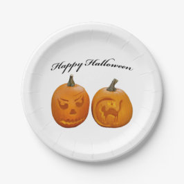 Twee Pompoenen Gelukkig Halloween Papieren Bordje
