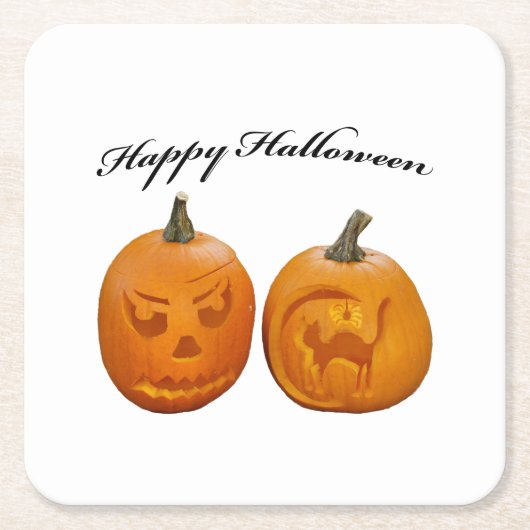 Twee pompoenen Happy Halloween Kartonnen Onderzetters (Voorkant)