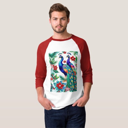 Twee prachtige kerstpauwen met poinsettia's t-shirt (Voorkant volledig)