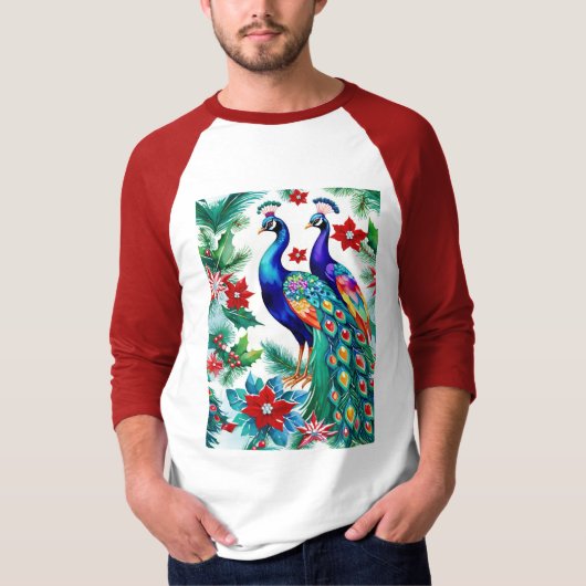 Twee prachtige kerstpauwen met poinsettia's t-shirt (Voorkant)