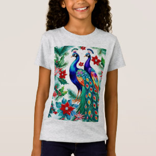 Twee prachtige kerstpauwen met poinsettia's t-shirt