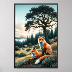 Twee prachtige Waterverf rode vossen rusten Poster