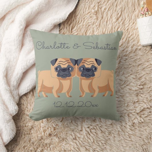 Twee Pug Dogs Gepersonaliseerde Bruiloft Kussen (Deken)