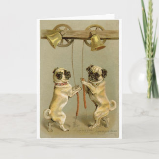 Twee pug honden die de klokken van Kerstmis bellen Feestdagen Kaart