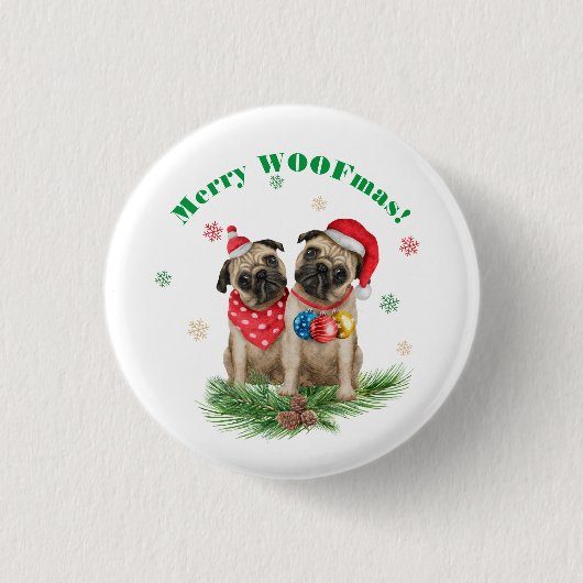 Twee pug-honden in Santa Hats - Merry WOOFmas! Ronde Button 3,2 Cm (Voorkant)