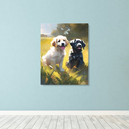 Twee Puppies in het gras Canvas Afdruk (Insitu (Houten vloer))