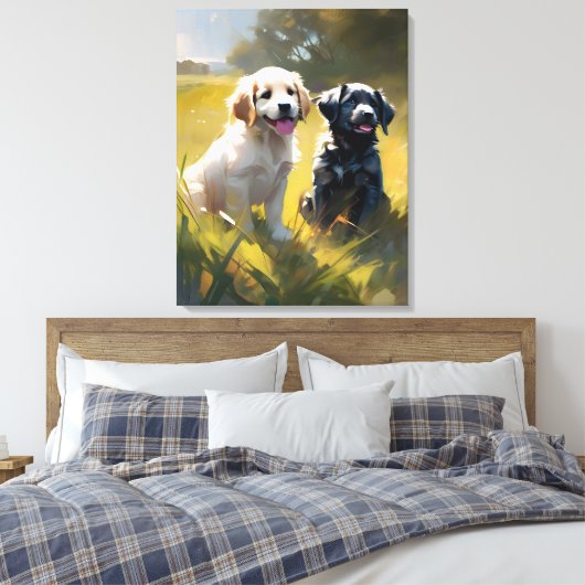 Twee Puppies in het gras Canvas Afdruk (Insitu (Slaapkamer))