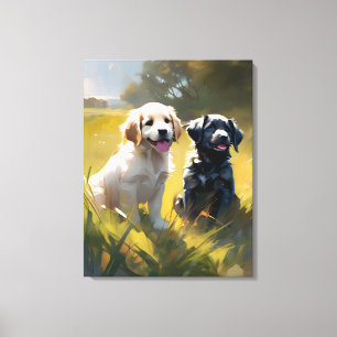 Twee Puppies in het gras Canvas Afdruk