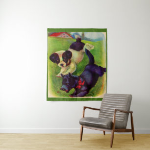twee puppy's, één een Schotse terriër print Wandkleed