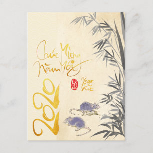 Twee Ratten Bamboe Vietnamees Nieuwjaar 2020 Brief Briefkaart