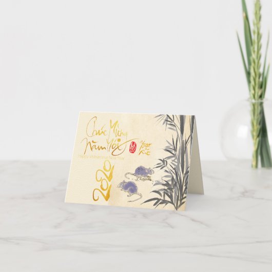 Twee Ratten Bamboe Vietnamees Nieuwjaar 2020 HSGC Feestdagen Kaart (Voorkant)