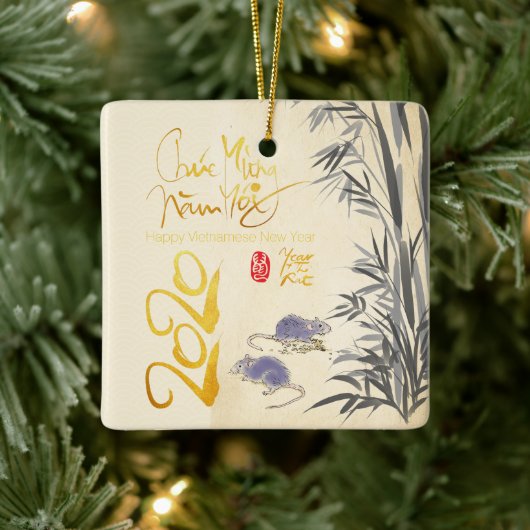 Twee Ratten Bamboe Vietnamees Nieuwjaar 2020 SqCO Keramisch Ornament (Boom)