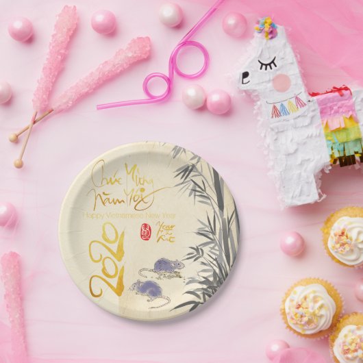 Twee Ratten Bamboe Vietnamese Nieuwjaar 2020 Party Papieren Bordje (Feest)