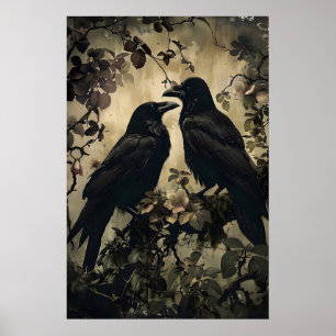 Twee raven in nevelige bloemrijke bos afdrukbaar, poster