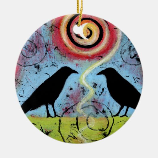 Twee raven zitten en reflecteren grillig keramisch ornament (Voorkant)