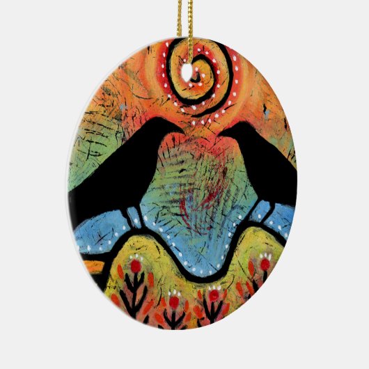 Twee raven zitten en reflecteren koppels keramisch ornament (Rechts)