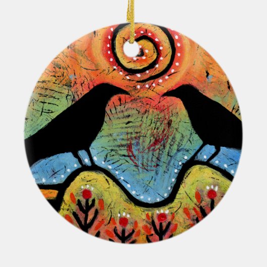 Twee raven zitten en reflecteren koppels keramisch ornament (Achterkant)