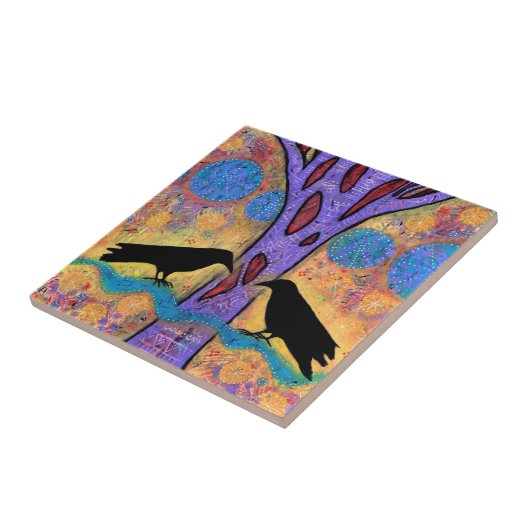 Twee Ravens zitten en reflecteren op de levenskera Tegeltje (Zijkant)