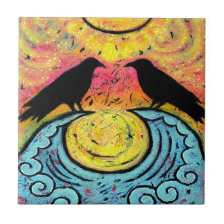 Twee Ravens zitten en reflecteren op de Waves-kera Tegeltje