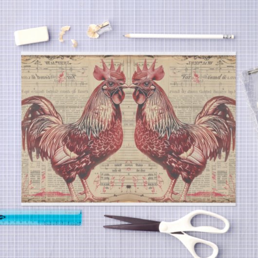 Twee Red Rooster Kippen Landbouwgrond Decoupage Tissuepapier (Craft)