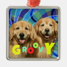 Twee Retro Golden Retriever Dogs Psychedelic Groov Metalen Ornament